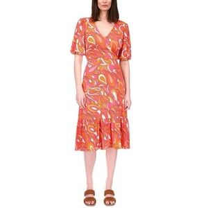 MICHAEL Michael Kors Women Dress Tie-Back Puff-Sleeve Paisley Print Sz L